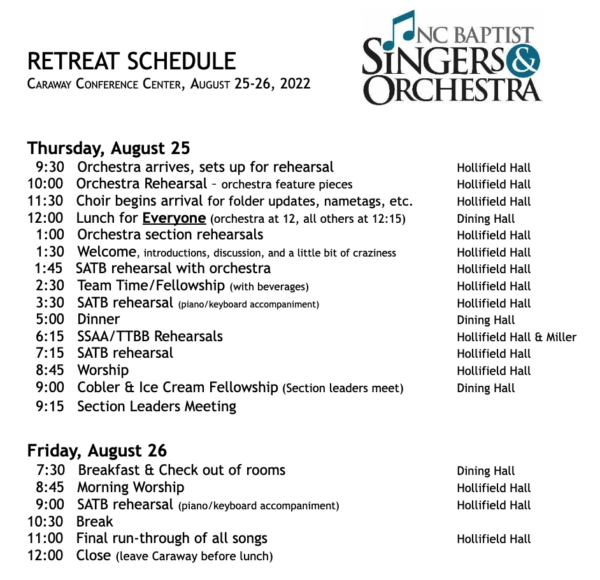 NCBSO Retreat Schedule 2022 – NC Baptist Singers & Orchestra